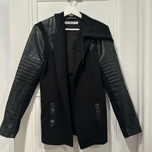 Stretchy faux leather moto jacket with hood.  Blanc Noir